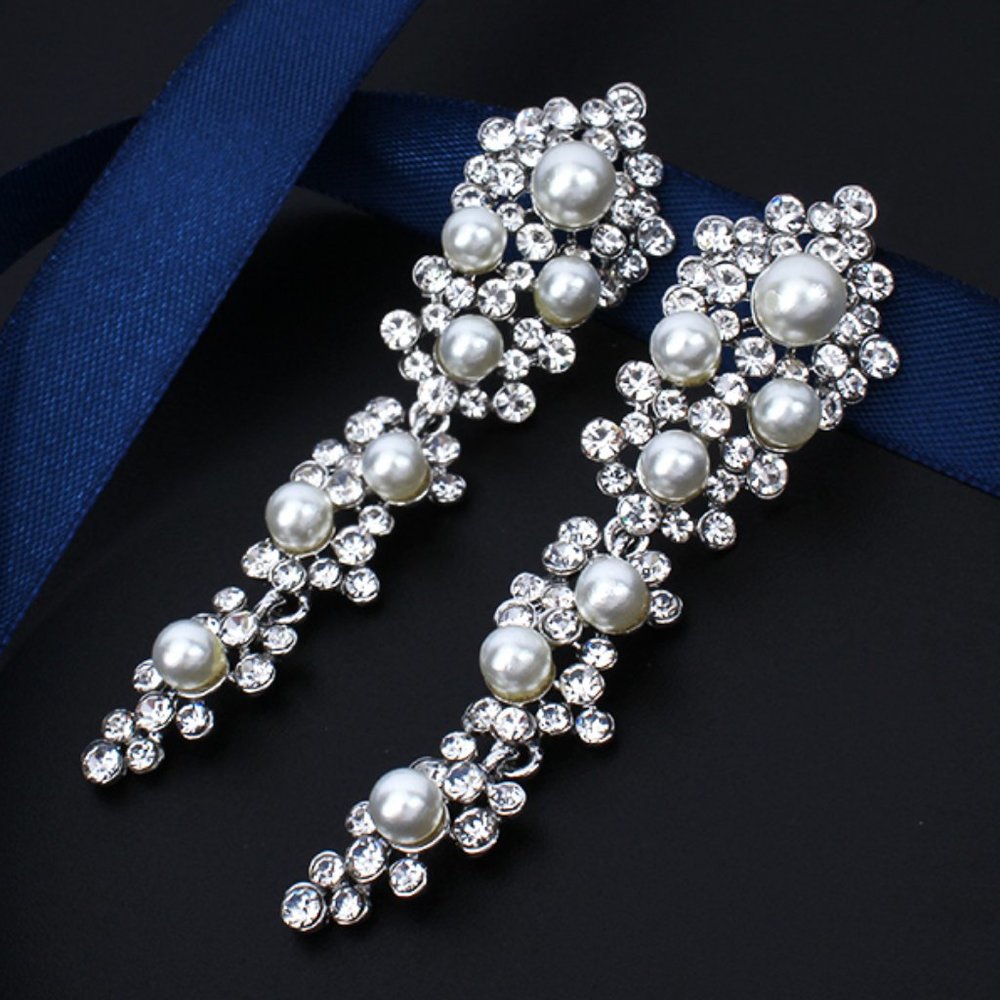 Silver Crystal Pearl Rhinestone Chandelier Wedding Bridal Prom Dangle Earrings - Picture 1 of 1